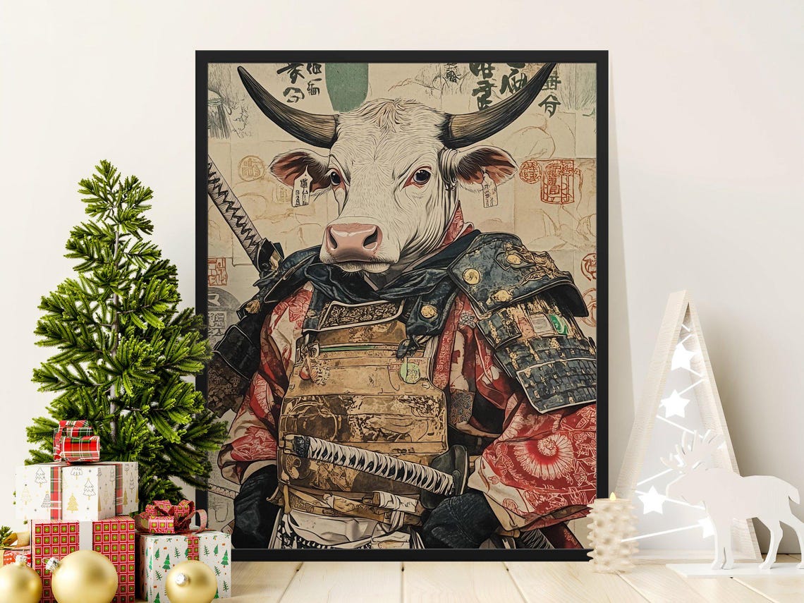 Cow Samurai Warrior In Japanese Armor With Katana Animal Art Poster