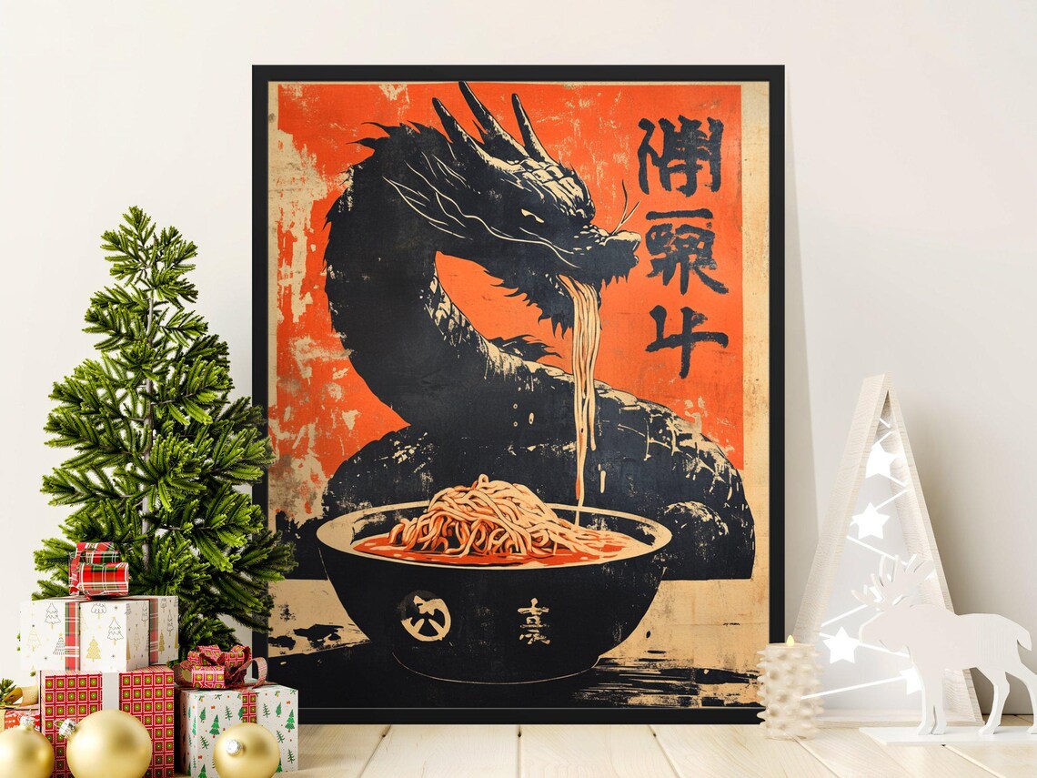 Hungry Dragon Eating Noodles Vintage Japanese Orange Art Poster
