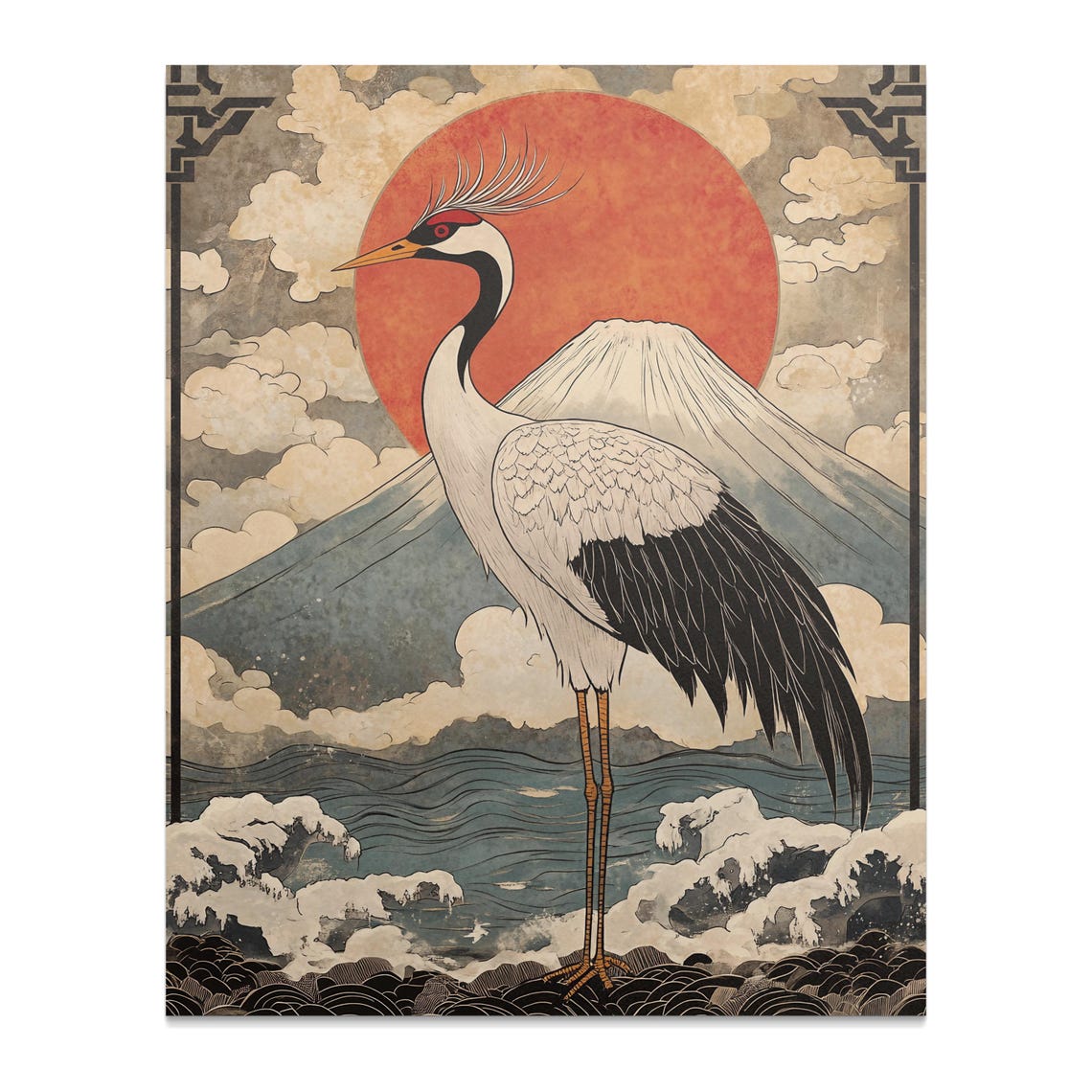 Red Crowned Crane Red Sun Mount Fuji Japanese Ukiyo-e Waves Poster - Image 2