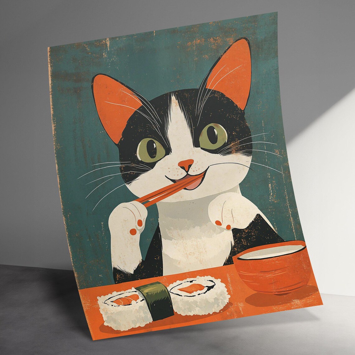 Black And White Cat Eating Sushi Chopsticks Retro Kitchen Poster - Image 3