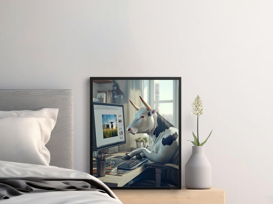 Funny Cow At Computer Office Photorealistic Humorous Animal Art Poster - Image 2