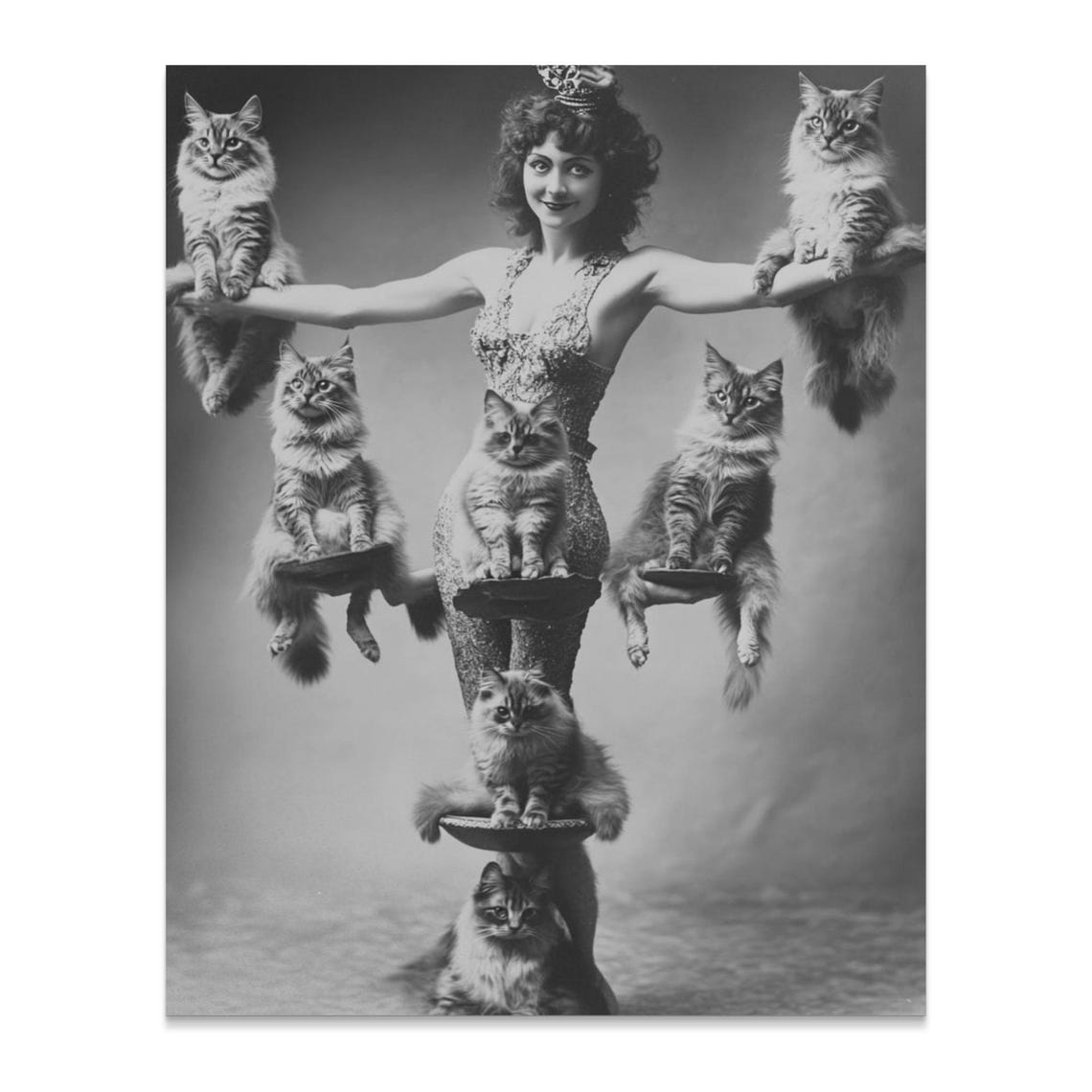 Circus Performer Balancing Seven Cats Vintage Black And White Wall Art - Image 2