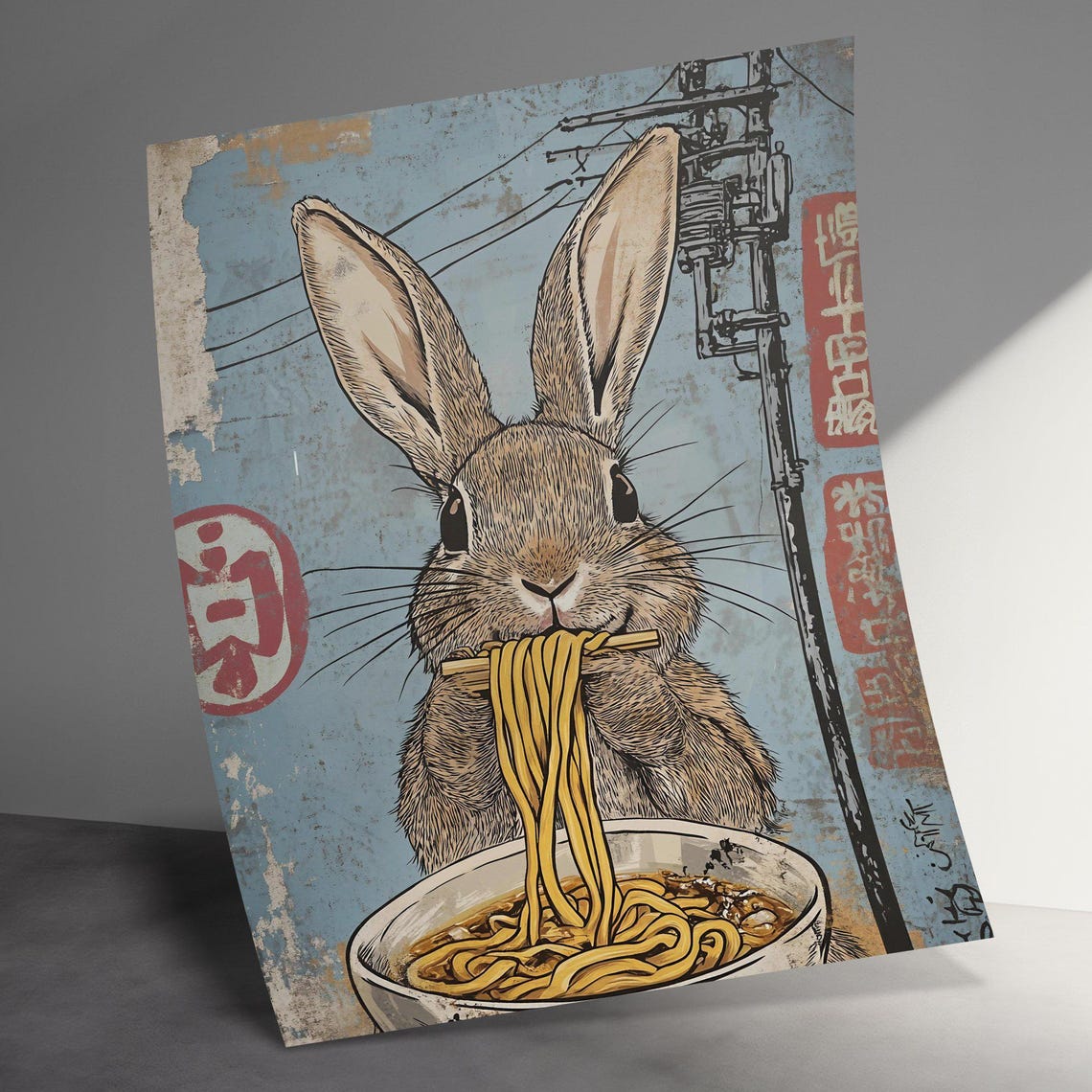Cute Rabbit Eating Ramen Japanese Retro Blue Street Wall Art Poster - Image 3