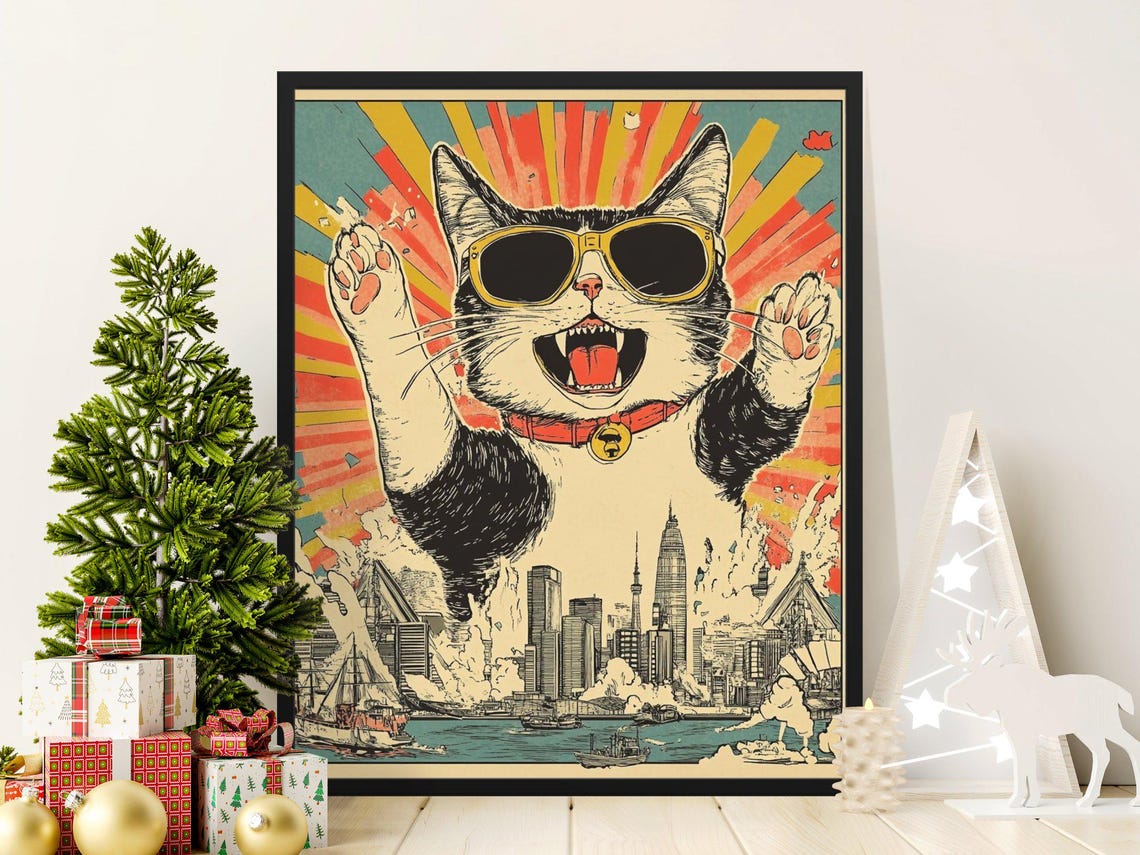 Giant Cat In Sunglasses Rising Over Japanese Harbor City Poster