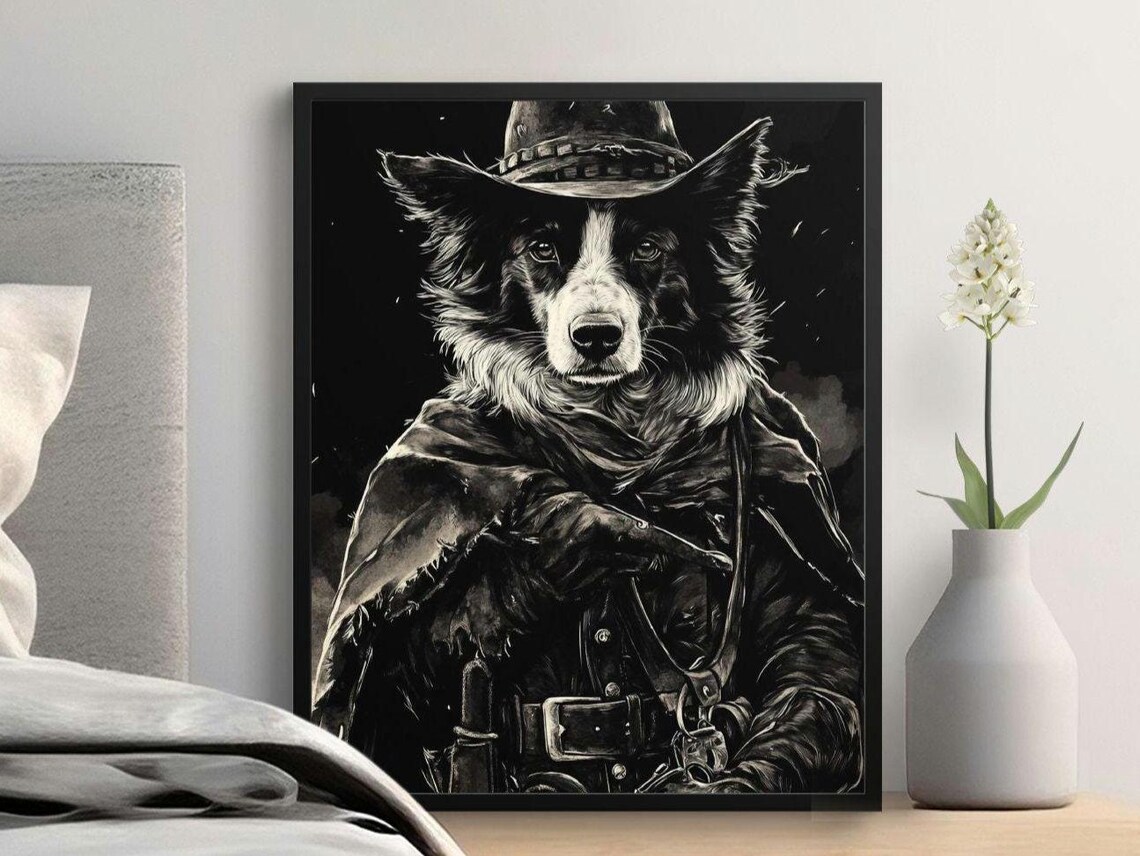 Western Colllie Cowboy Dog Poster Dog In Cowboy Costume Art Unique Dog Lover Gift Western Decor Black And White Poster Wall Art Print