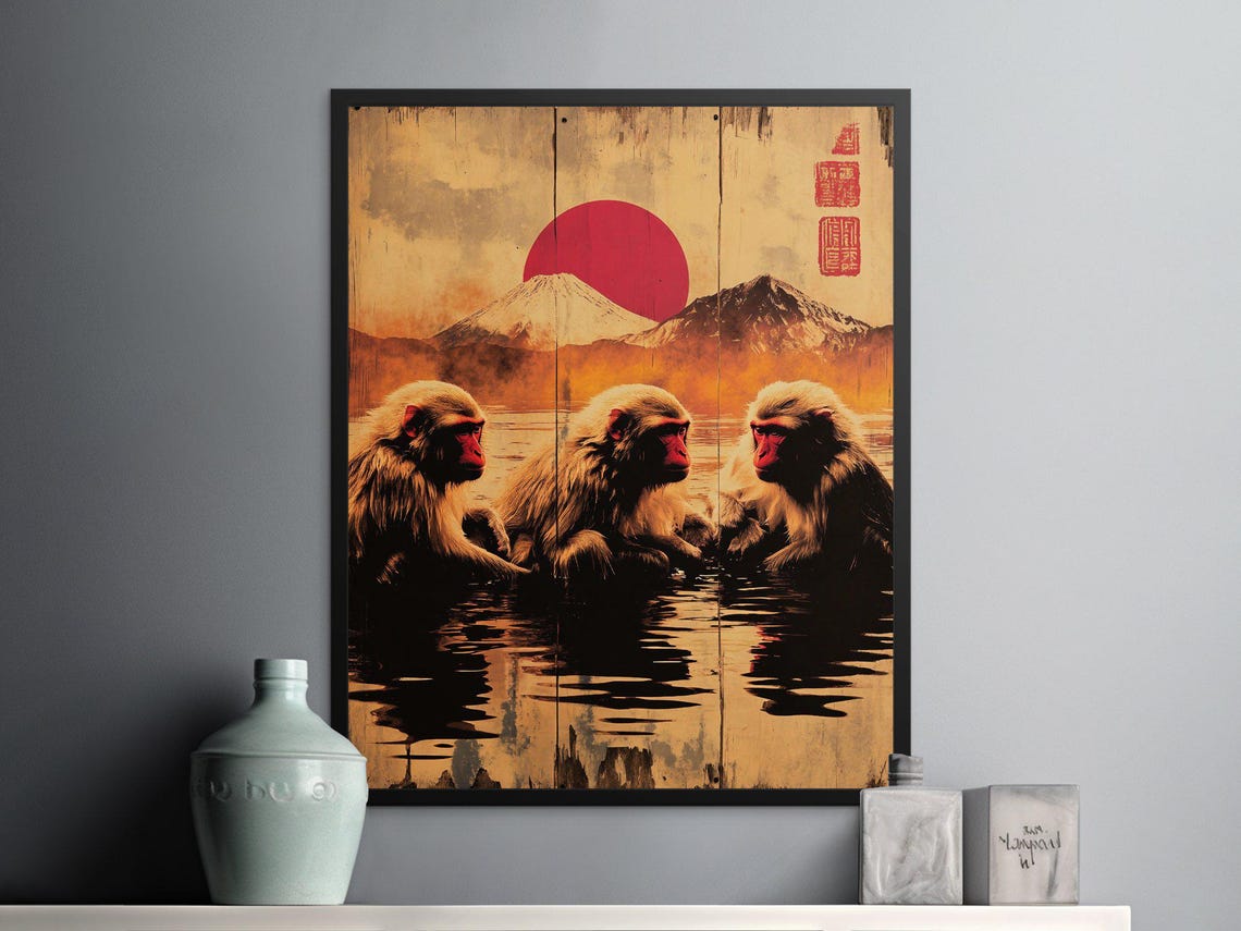 Snow Monkeys Hot Spring Red Sun Mount Fuji Vintage Japanese Poster