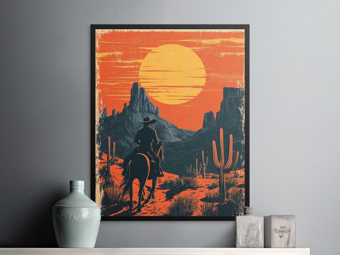 Cowboy Riding Into Sunset Desert Canyon Retro Western Landscape Poster - Image 2
