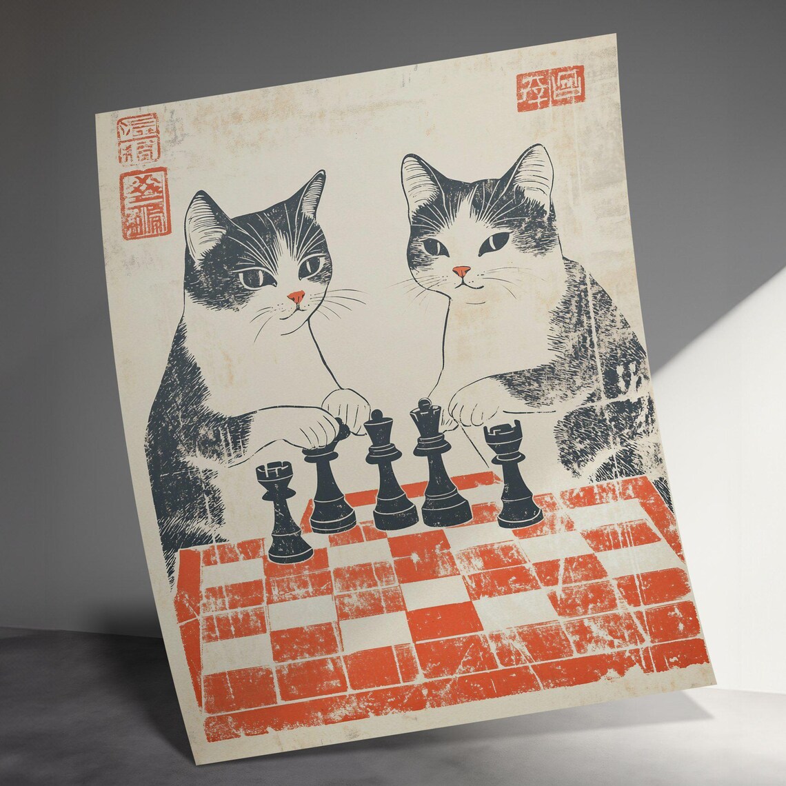 Two Tuxedo Cats Playing Chess Vintage Japanese Strategy Game Poster - Image 3