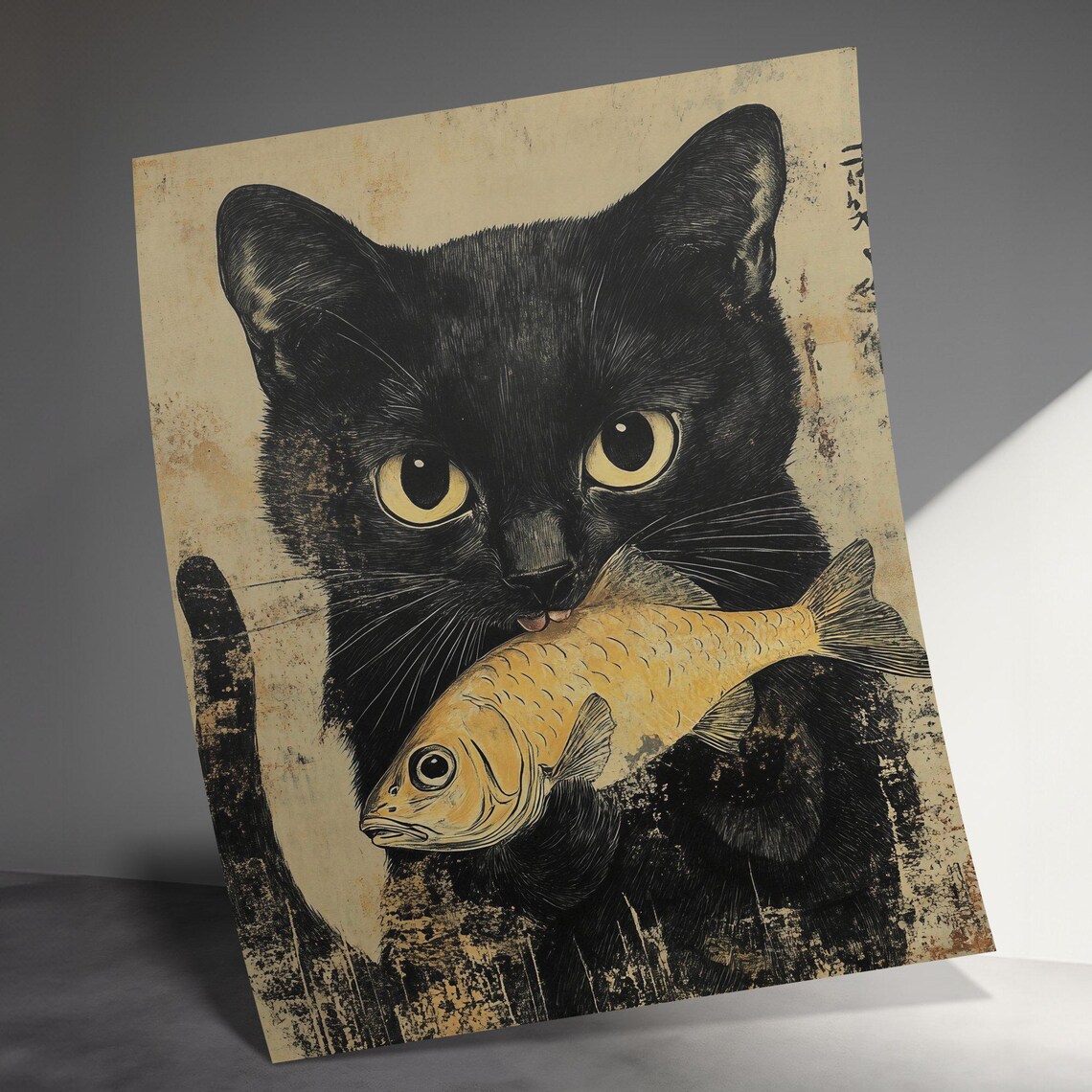 Black Cat Holding Golden Fish Vintage Japanese Ink Style Cat Poster - Image 3