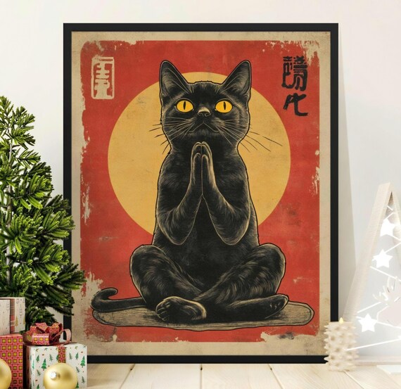 Black Cat Meditating Prayer Pose Golden Circle Red Vintage Zen Art Poster