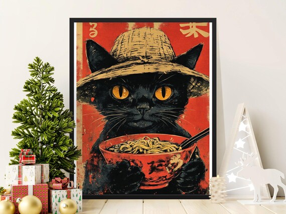 Black Cat Ramen Bowl Vintage Japanese Straw Hat Noodle Shop Poster