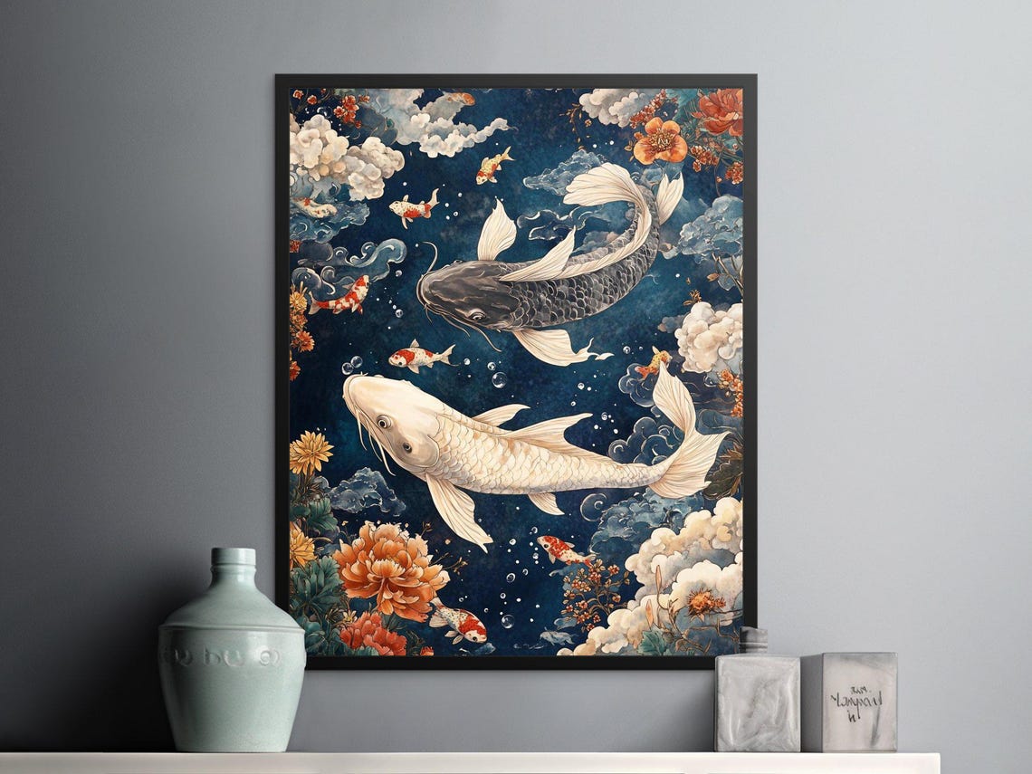 Koi Fish Clouds Peonies Serene Japanese Watercolor Zen Art Poster - Image 2