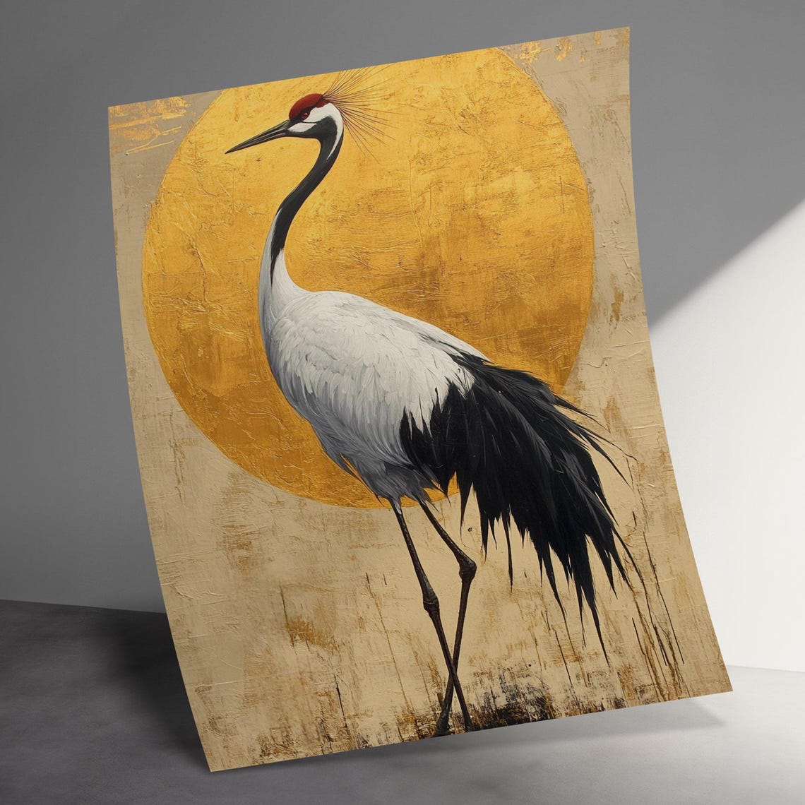Graceful Red Crowned Crane Gold Sun Circle Minimalist Wall Art Poster - Image 3