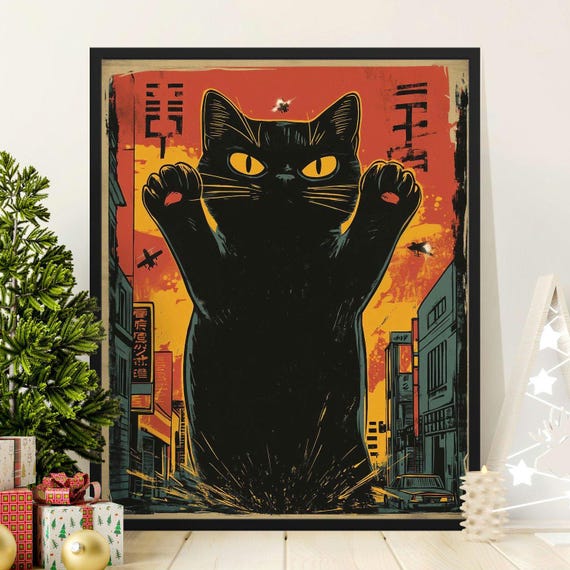 Retro Japanese Black Cat Wall Art Vintage Anime Style Poster Bold Cat Illustration For Home Decor Cool Cat Lovers Gift
