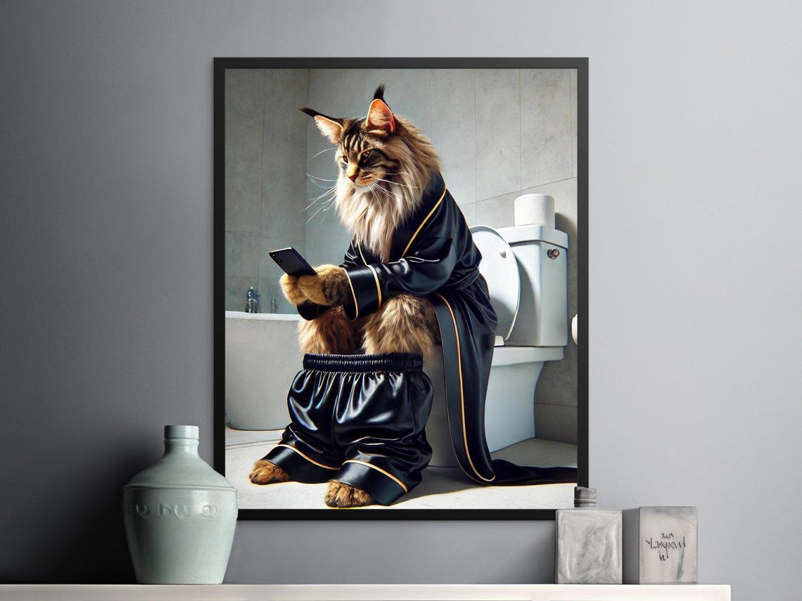 Maine Coon Cat in a Bathrobe on the Toilet Scrolling Phone Wall Art - Image 2
