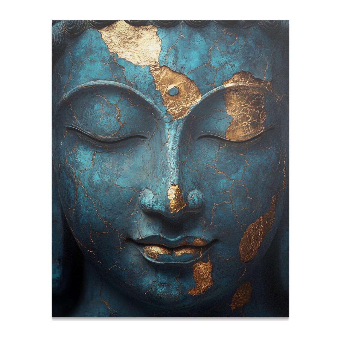 Blue And Gold Buddha Face Kintsugi Cracks Serene Zen Meditation Wall Art - Image 3