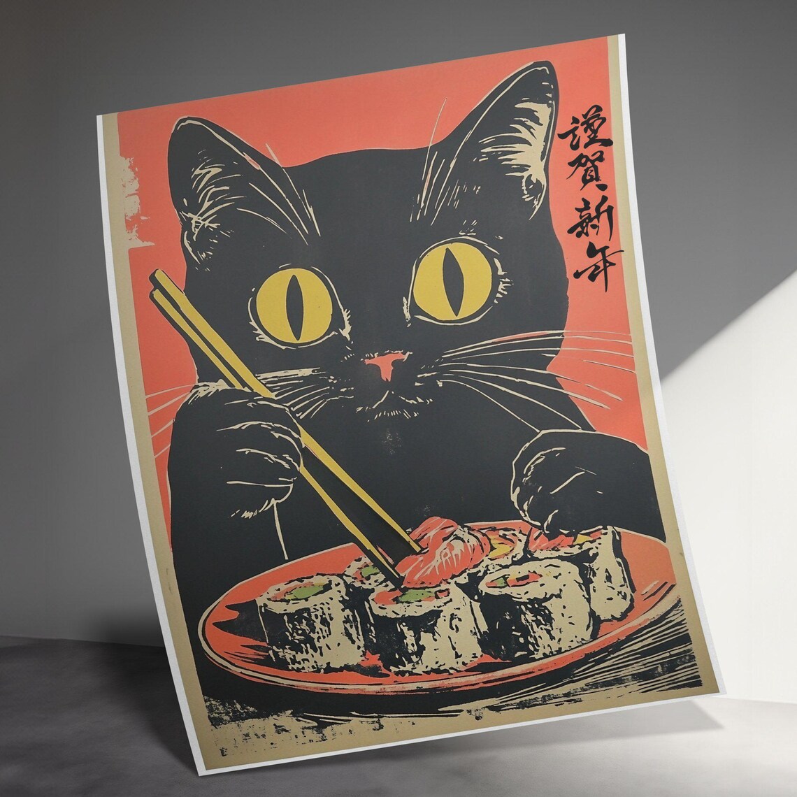 Retro Japanese Black Cat Eating Sushi Chopsticks Poster Wall Art - Image 3