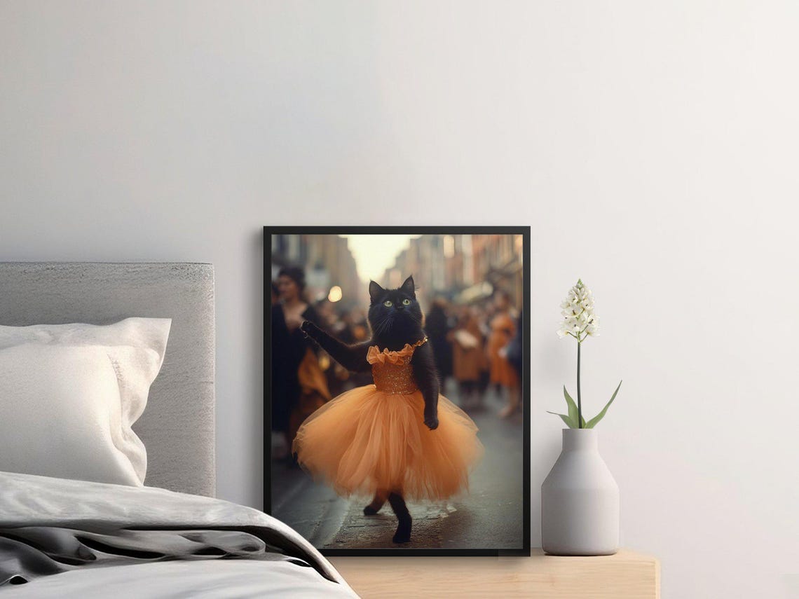 Cute Black Cat In Orange Tutu Dancing Street Whimsical Animal Poster - Image 2