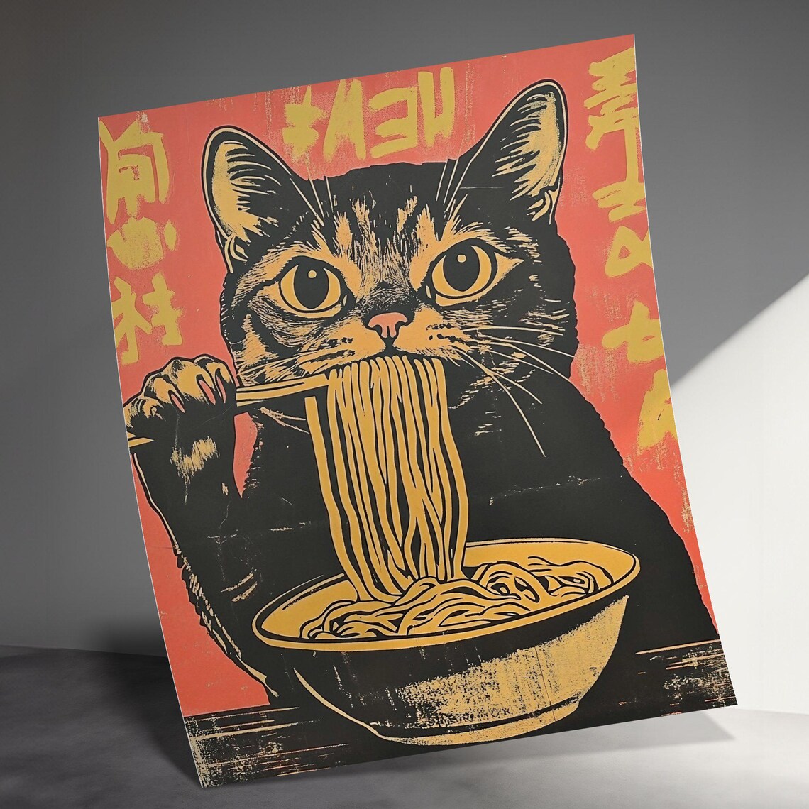 Black Cat Slurping Ramen Noodles Retro Japanese Noodle Shop Art Poster - Image 3