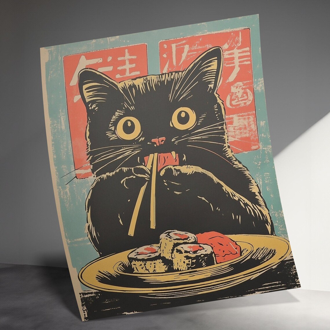 Black Cat Eating Sushi With Chopsticks Vintage Japanese Food Poster - Image 3