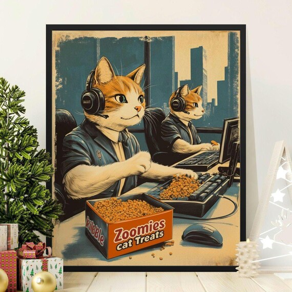Funny Cats Gaming Office Headsets Zoomies Treats Retro Art Poster
