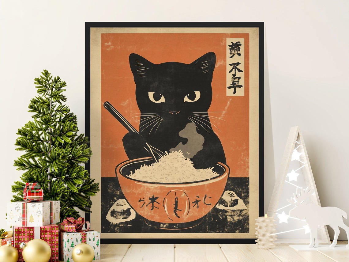 Grumpy Black Cat Guarding Steaming Rice Bowl Vintage Japan Poster