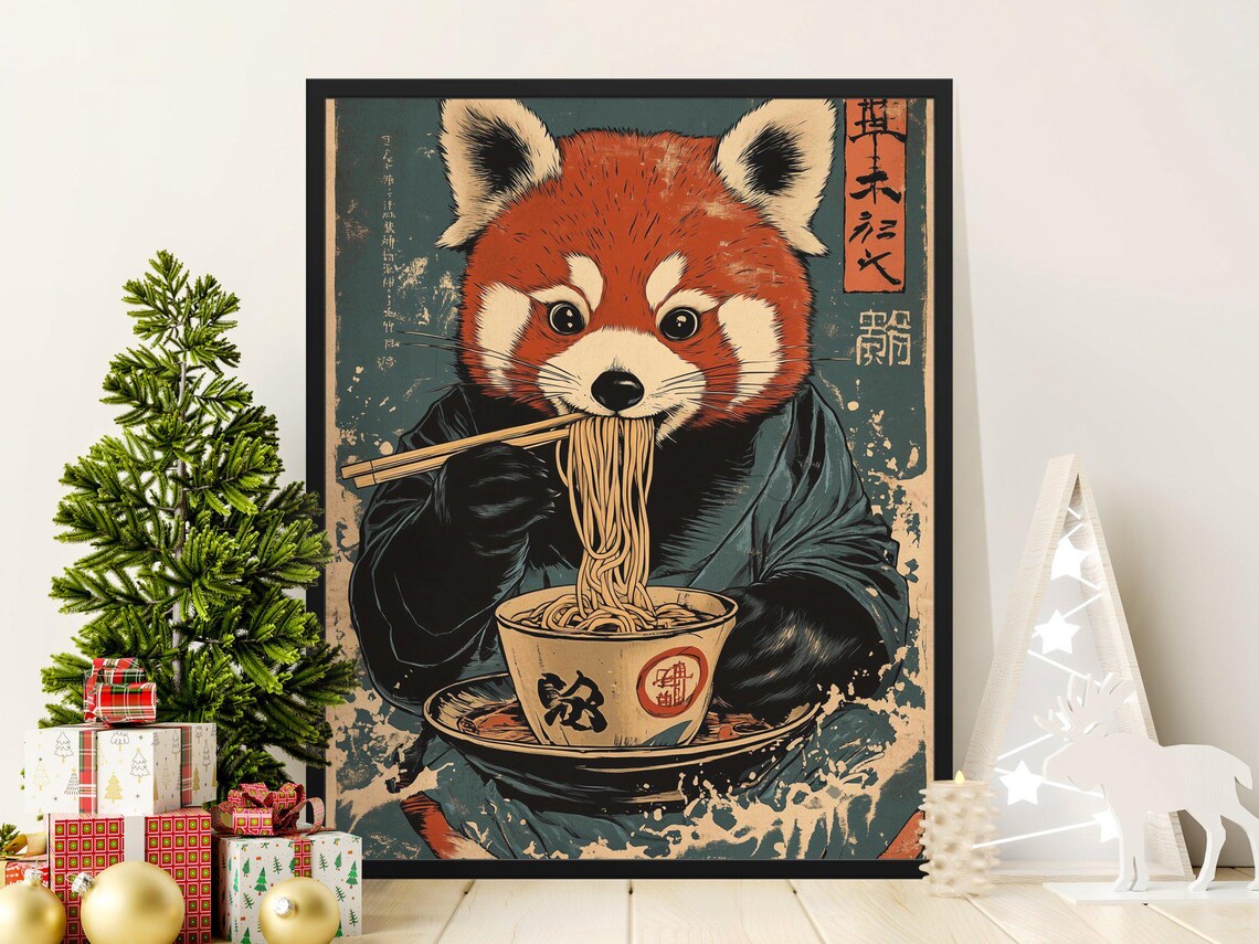Red Panda Eating Ramen, Cute Animal Wall Poster
