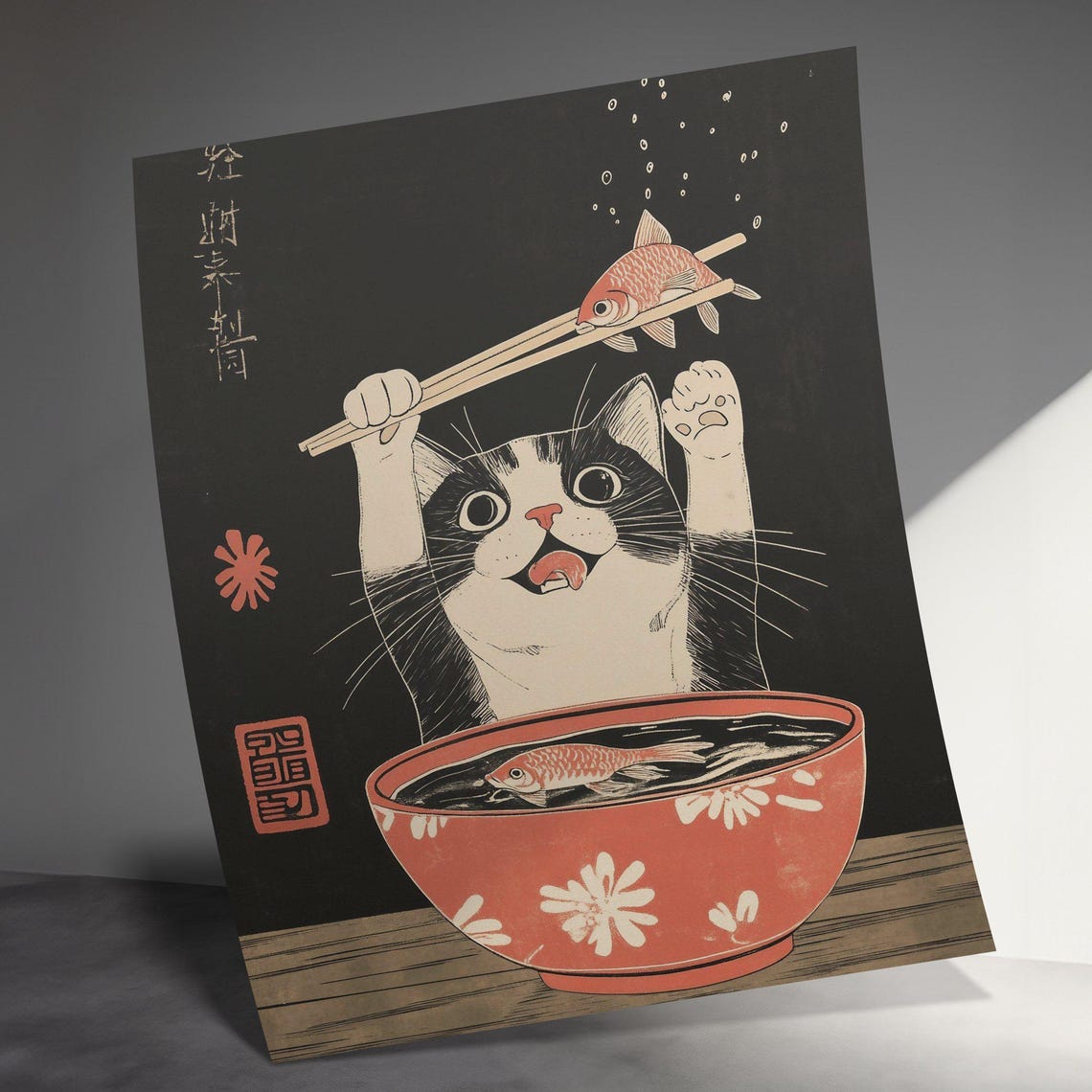 Tuxedo Cat Holding Fish With Chopsticks Red Bowl Japanese Art Print - Image 3