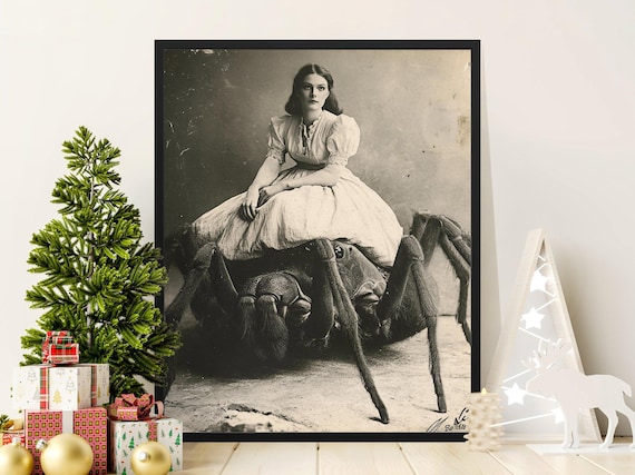 Victorian Woman On Giant Spider Sepia Surreal Gothic Art Poster