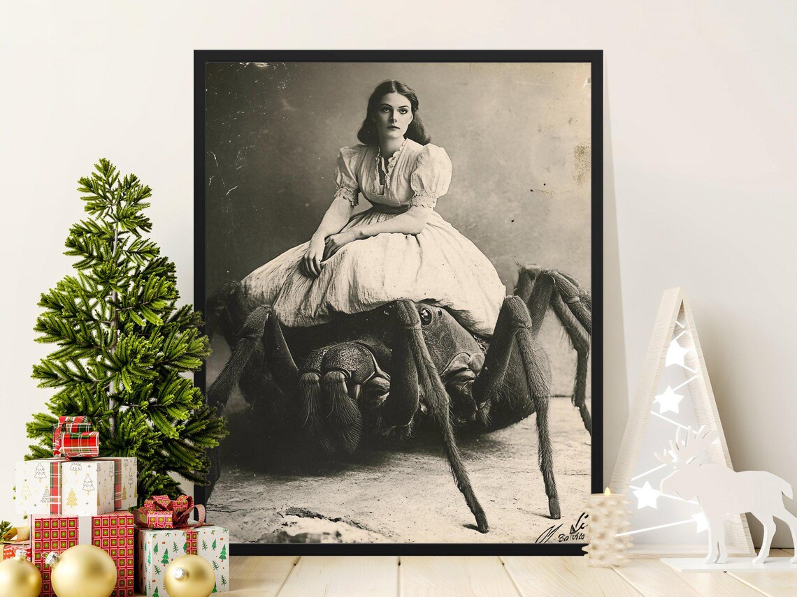 Victorian Woman On Giant Spider Sepia Surreal Gothic Art Poster