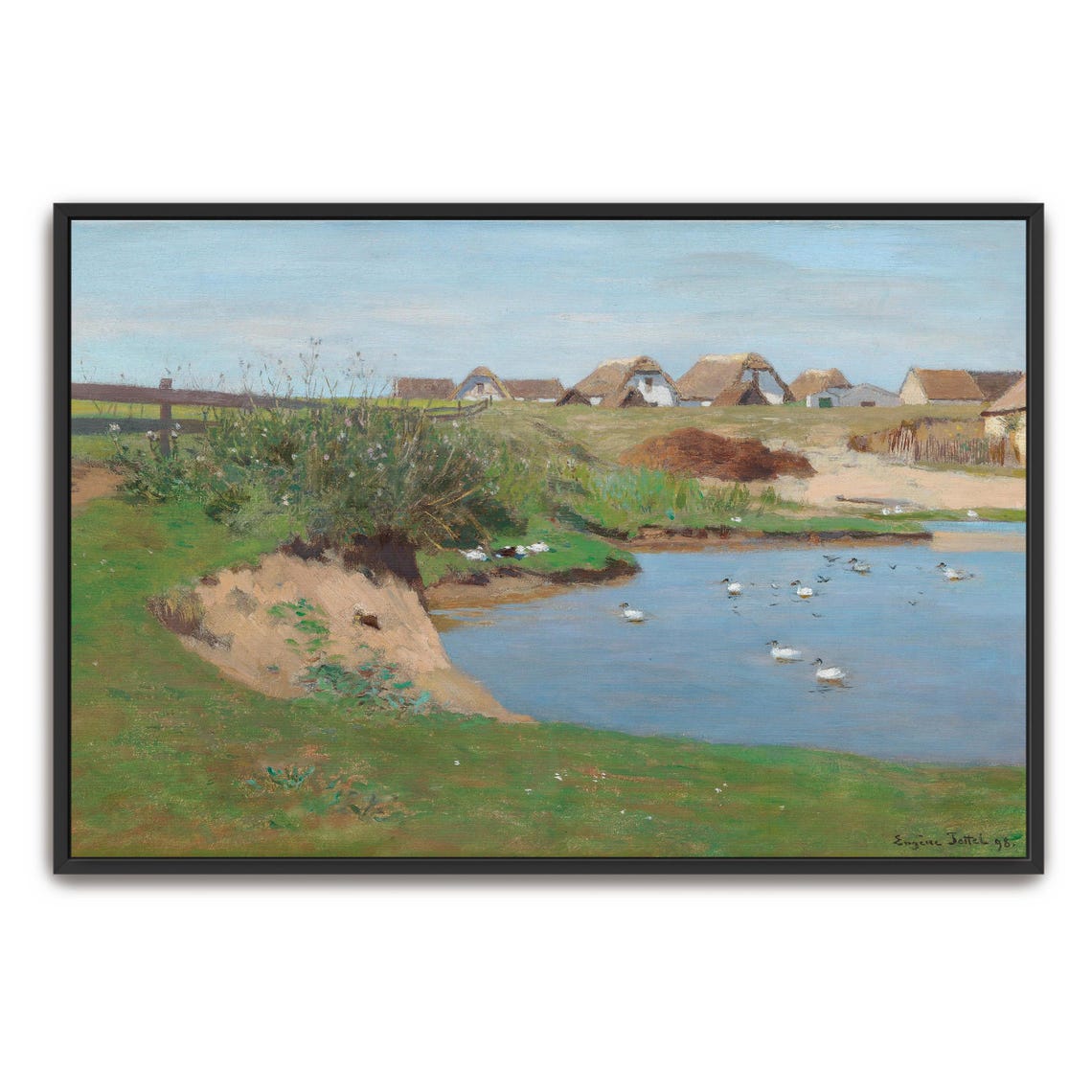 Framed Print Of Farmhouses By A Pond With Ducks Landscape Fine Art Print Green And Blue Entryway Art Print Country Oil Painting