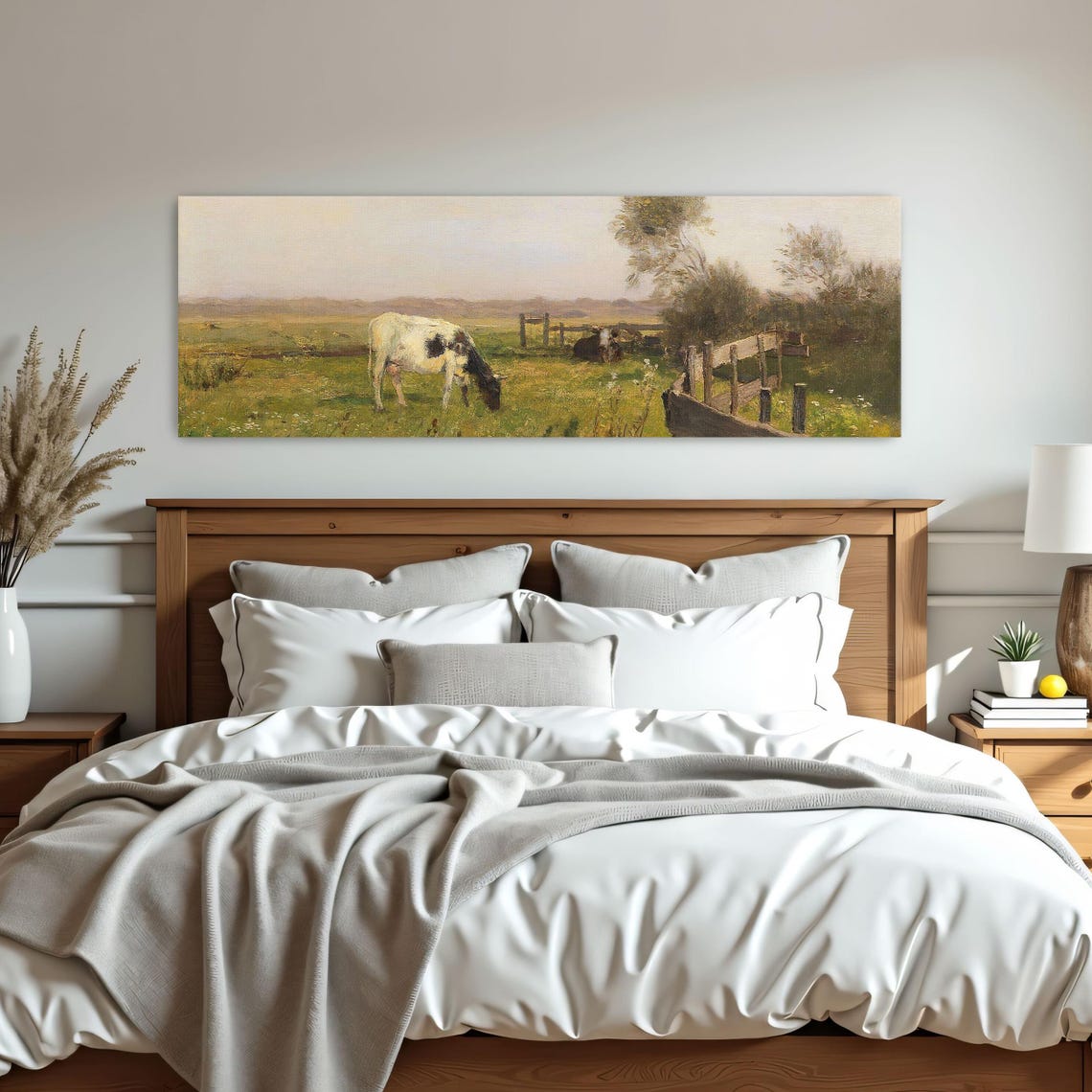 Cows Grazing in a Sunny Meadow With Rustic Wooden Fences Poster