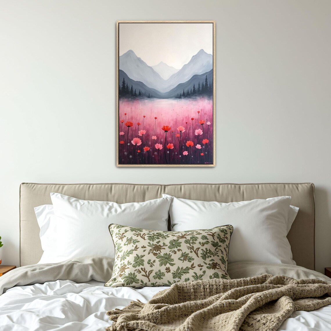 Misty Mountain Lake With Tall Pink And Coral Wildflowers Framed Poster - Image 4