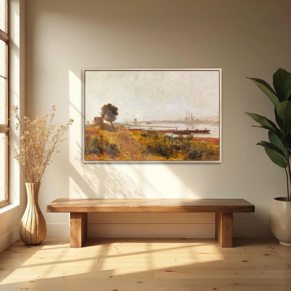 Framed Wall Art Of River Landscape With Boats And A House Landscape Print Brown And White Living Room Artwork Minimalist Art - Image 5