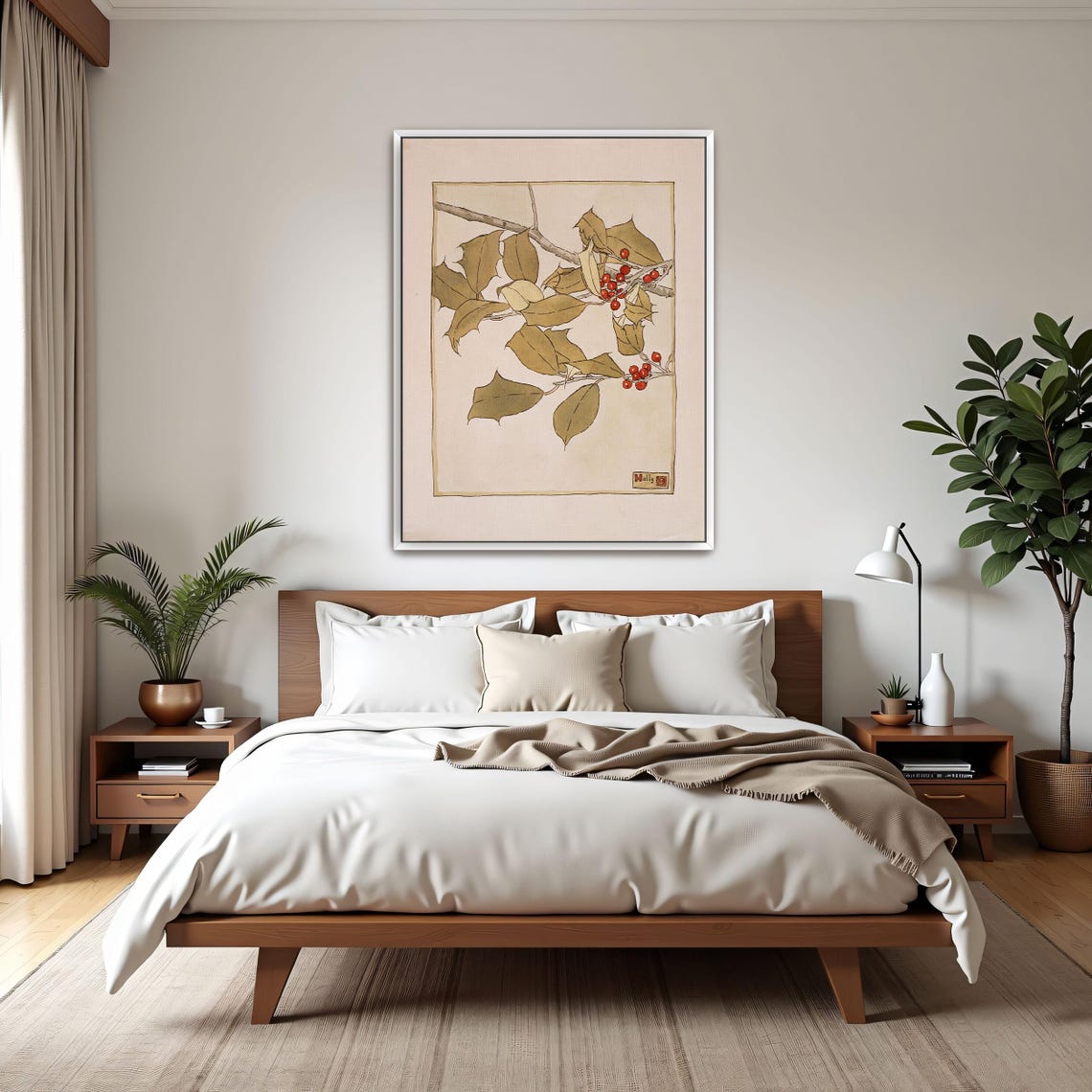Holly Branch with Red Berries Japanese Style Botanical Poster