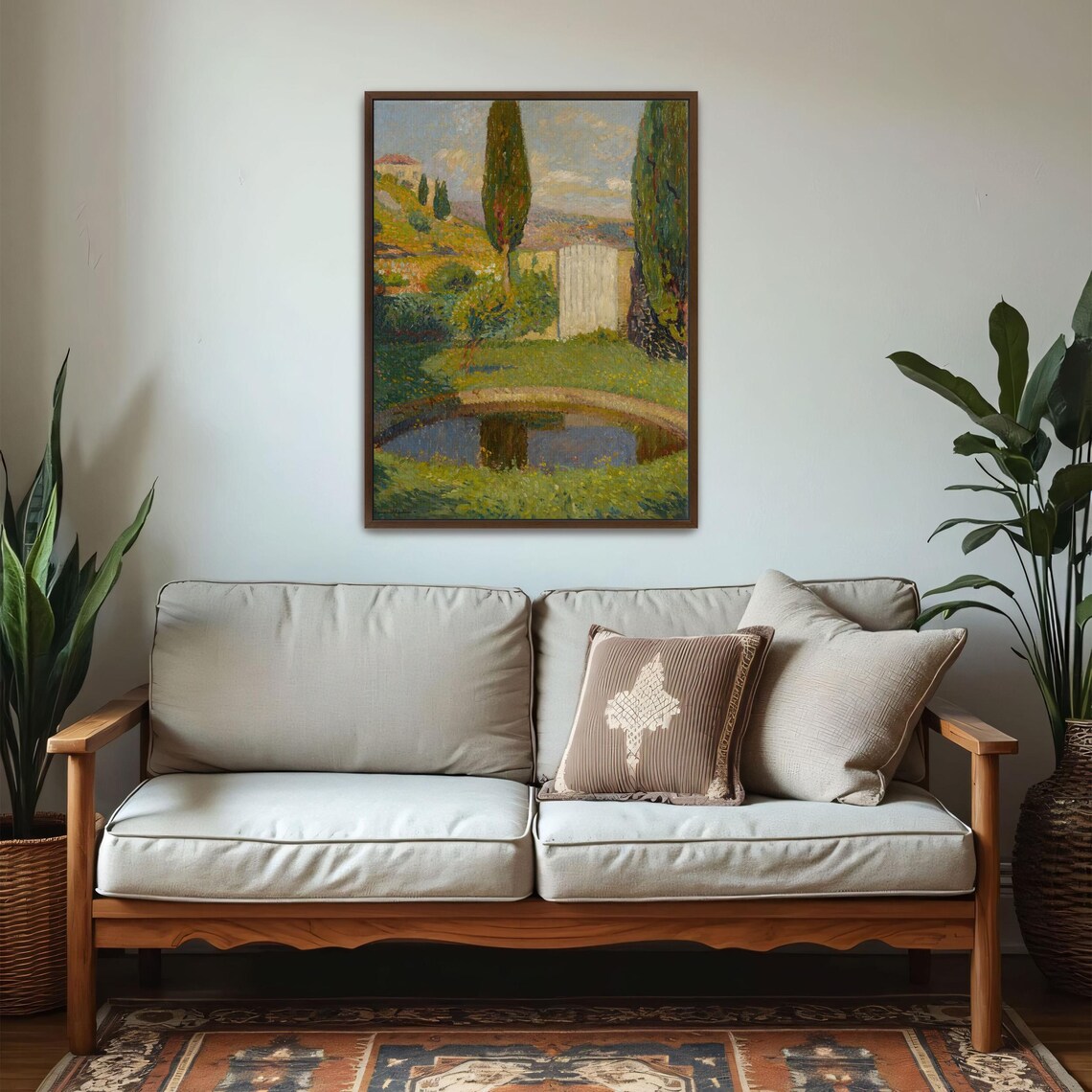 Framed Print Of A Pond In A Garden With Trees Landscape Fine Art Print Green And Blue Bedroom Art Print Rustic Oil Painting - Image 5