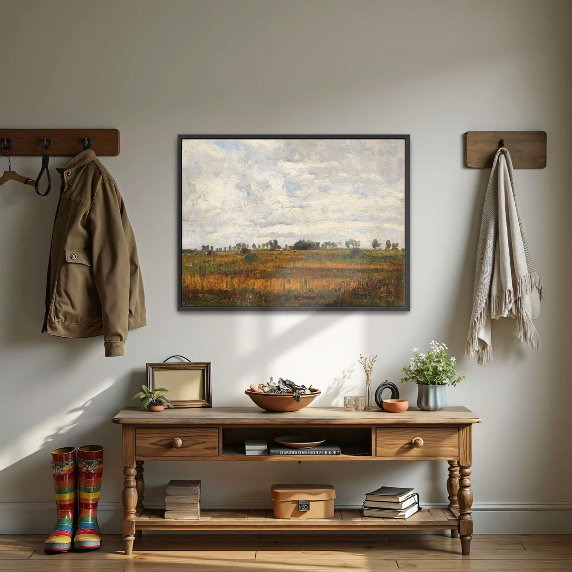 Framed Print Of Rural Landscape With Cloudy Sky Landscape Wall Art White And Blue Bedroom Artwork Rustic Oil Painting