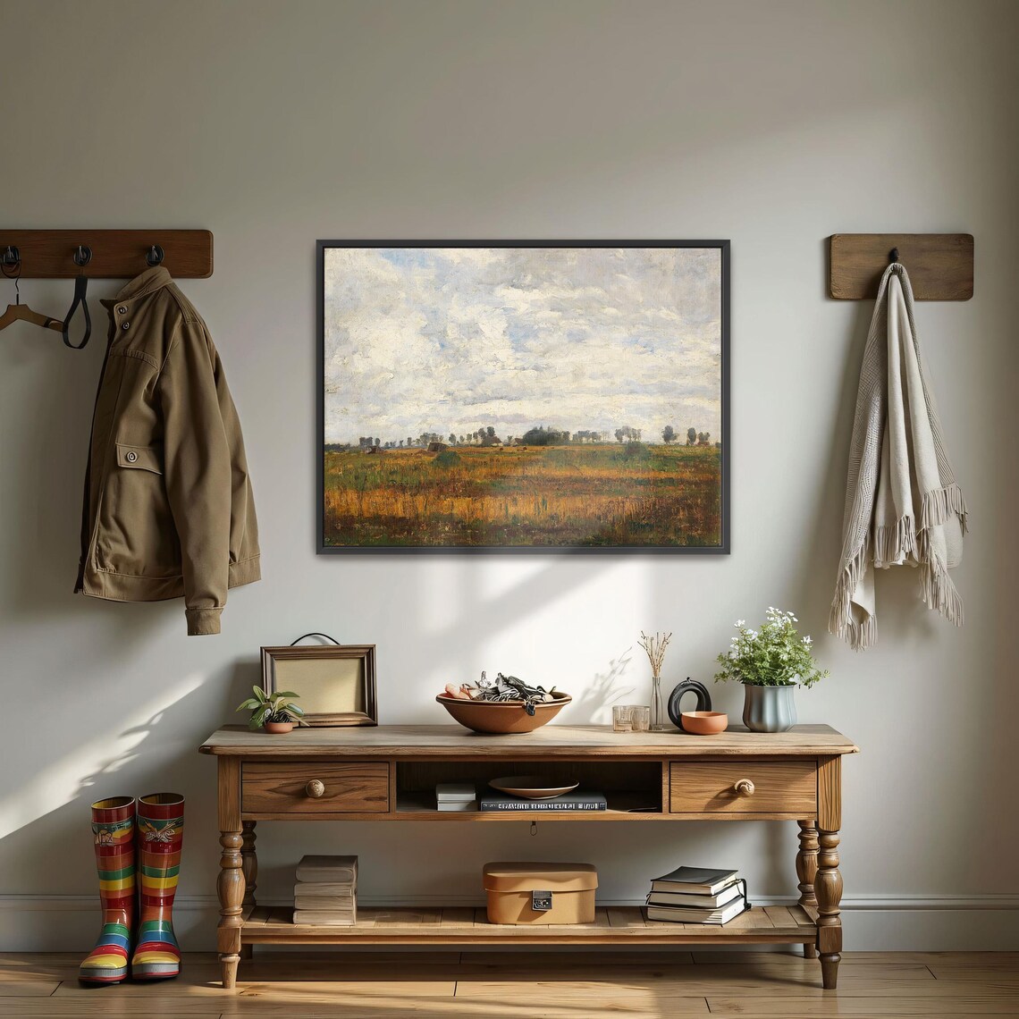 Rustic Farmland Under Cloudy Sky Vintage Oil Painting Poster