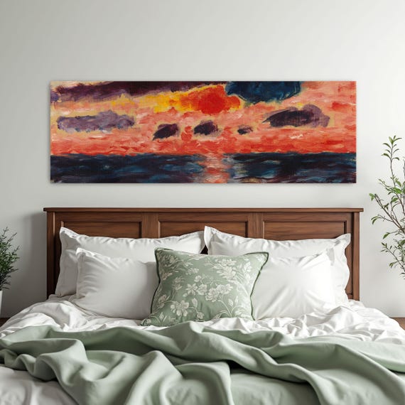Abstract Seascape With Sunset Panoramic Wall Art Horizontal Framed Art Above Bed Wall Art Bedroom And Living Room Art Wide Narrow