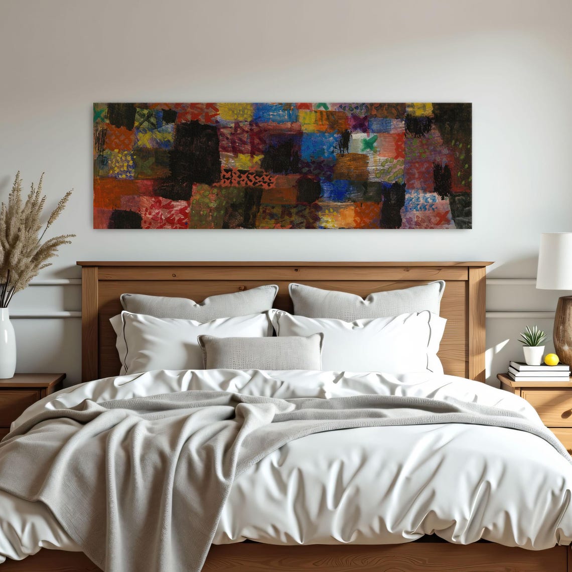 Abstract Painting With Geometric Shapes And Vibrant Hues Panoramic Wall Art Horizontal Framed Art Above Bed Wall Art Bedroom And Living - Image 2