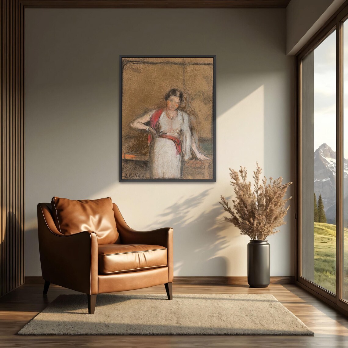 Standing Woman In White Dress With A Flowing Red Shawl Sketch Poster - Image 3