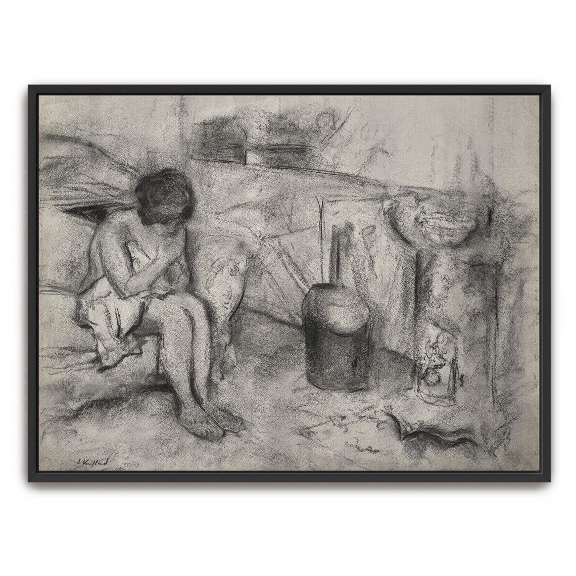 Charcoal Life Drawing Sketch Of Seated Woman By A Stove Poster