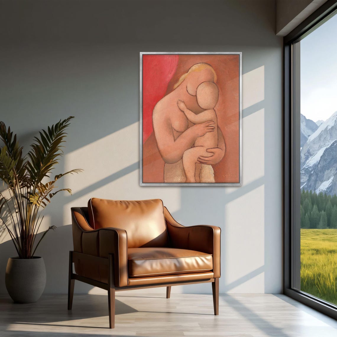 Mother Holding A Child On A Red Background Portrait Painting Poster - Image 2