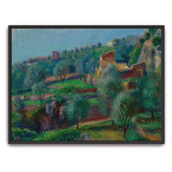Large Framed Print Of Hillside With Houses And Trees Landscape Fine Art Print Green And Blue Bedroom Art Rustic Oil Painting