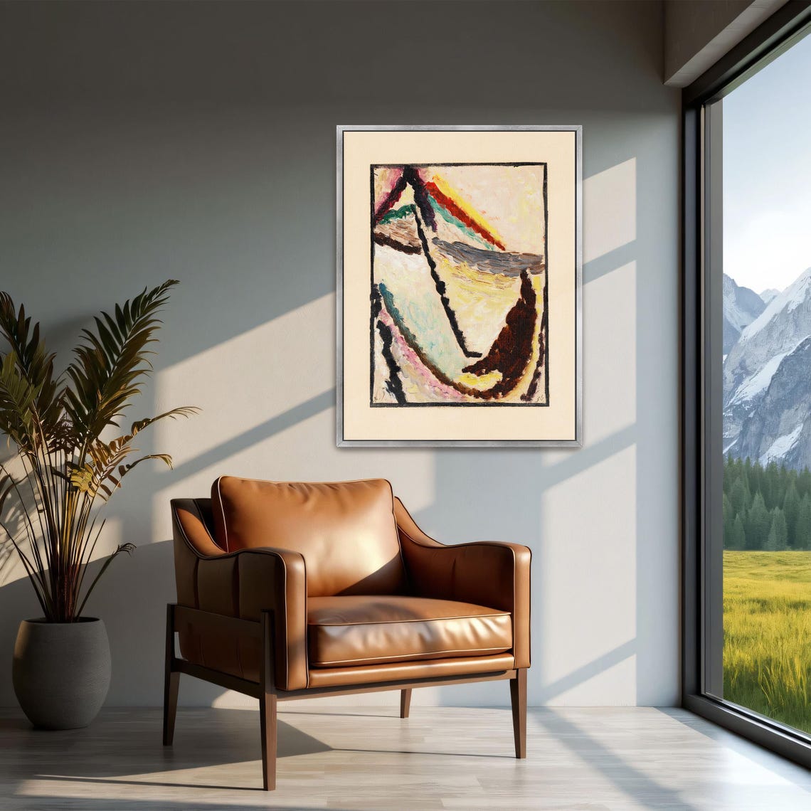 Abstract Painting With Curved Forms In Brown White And Red Print - Image 2