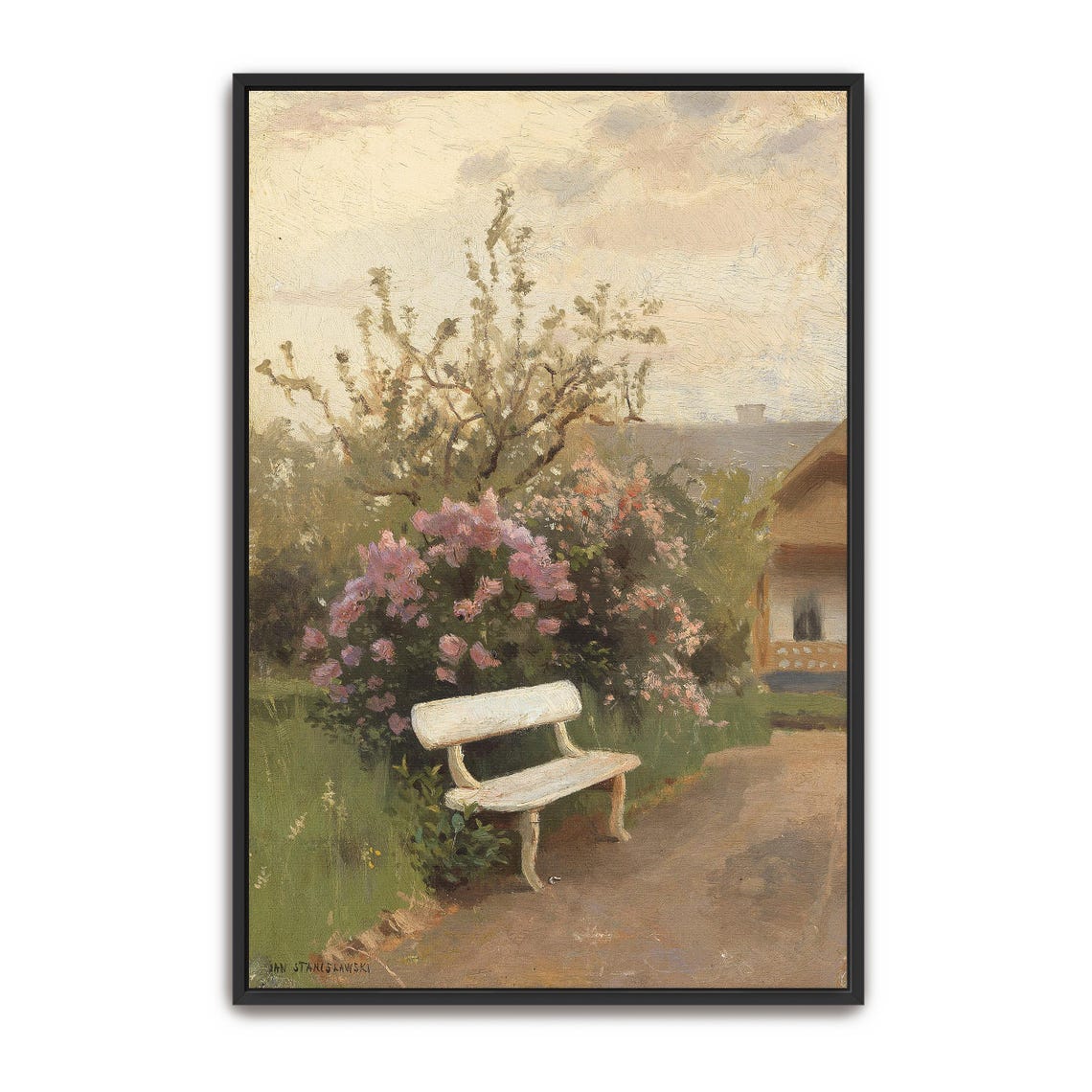 White Garden Bench Under Blooming Lilacs By A Cottage Poster