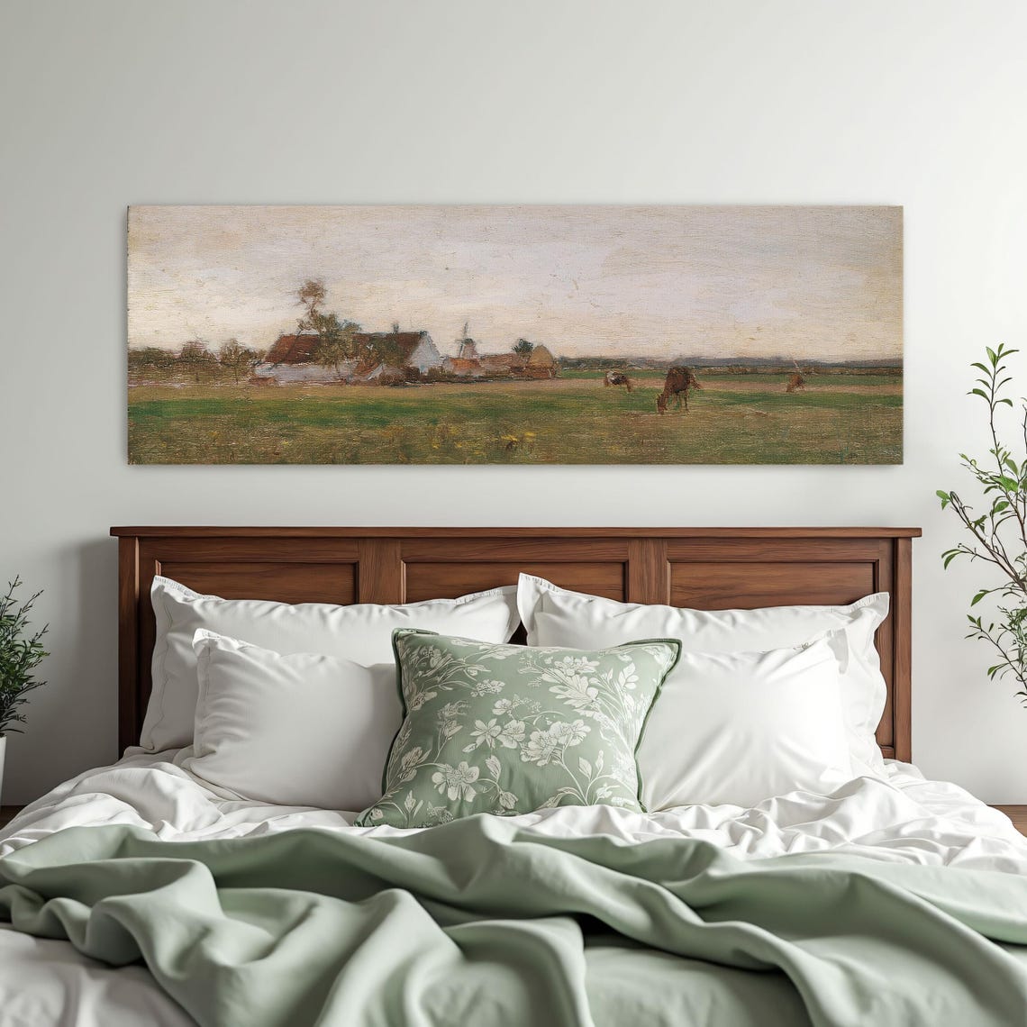 Farmhouse In A Field With A Cloudy Sky Panoramic Wall Art Horizontal Framed Art Above Bed Wall Art Bedroom And Living Room Art Wide - Image 2