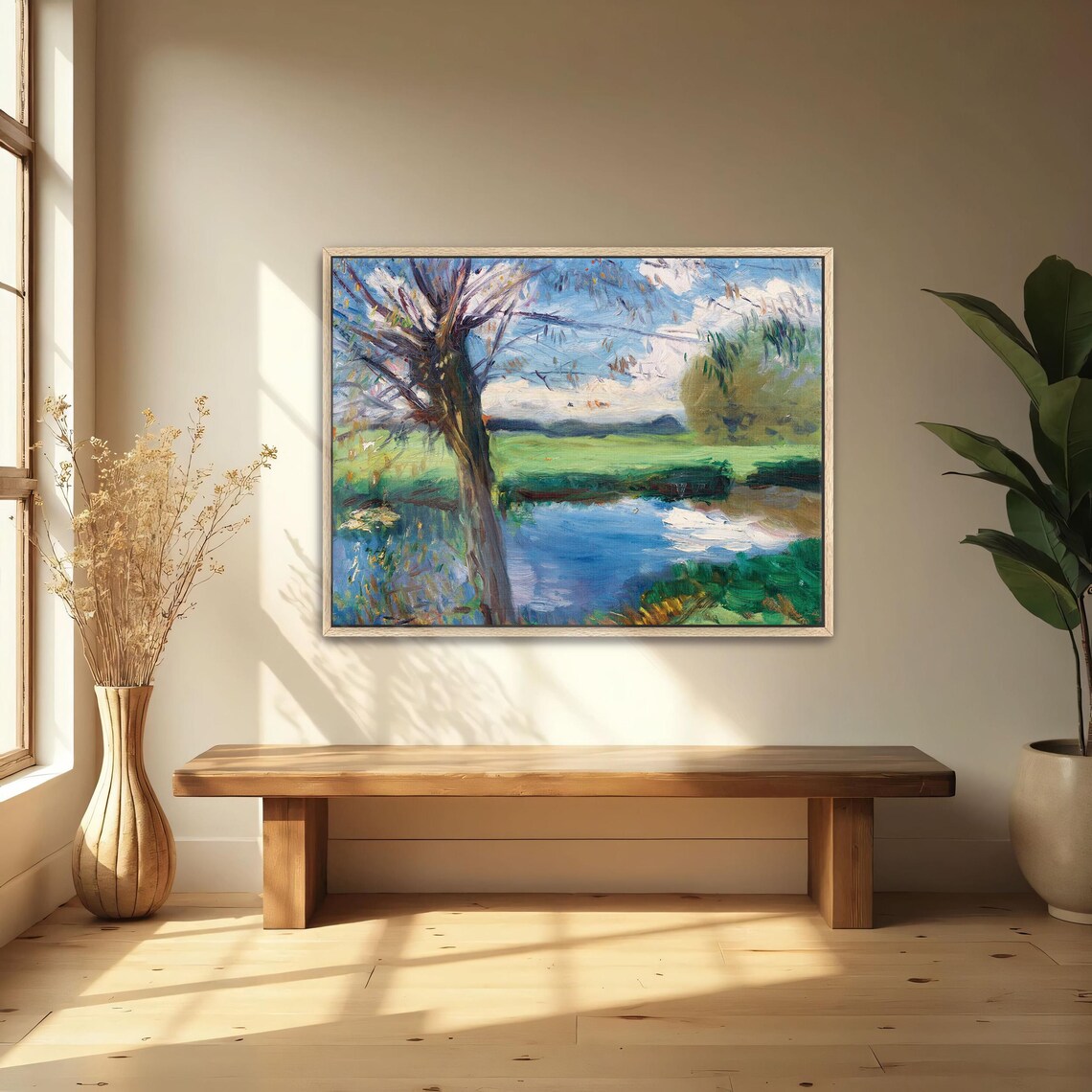 Framed Wall Art Of River Landscape With Trees And Sky Landscape Print Blue And Green Bedroom Artwork Rustic Oil Painting - Image 4