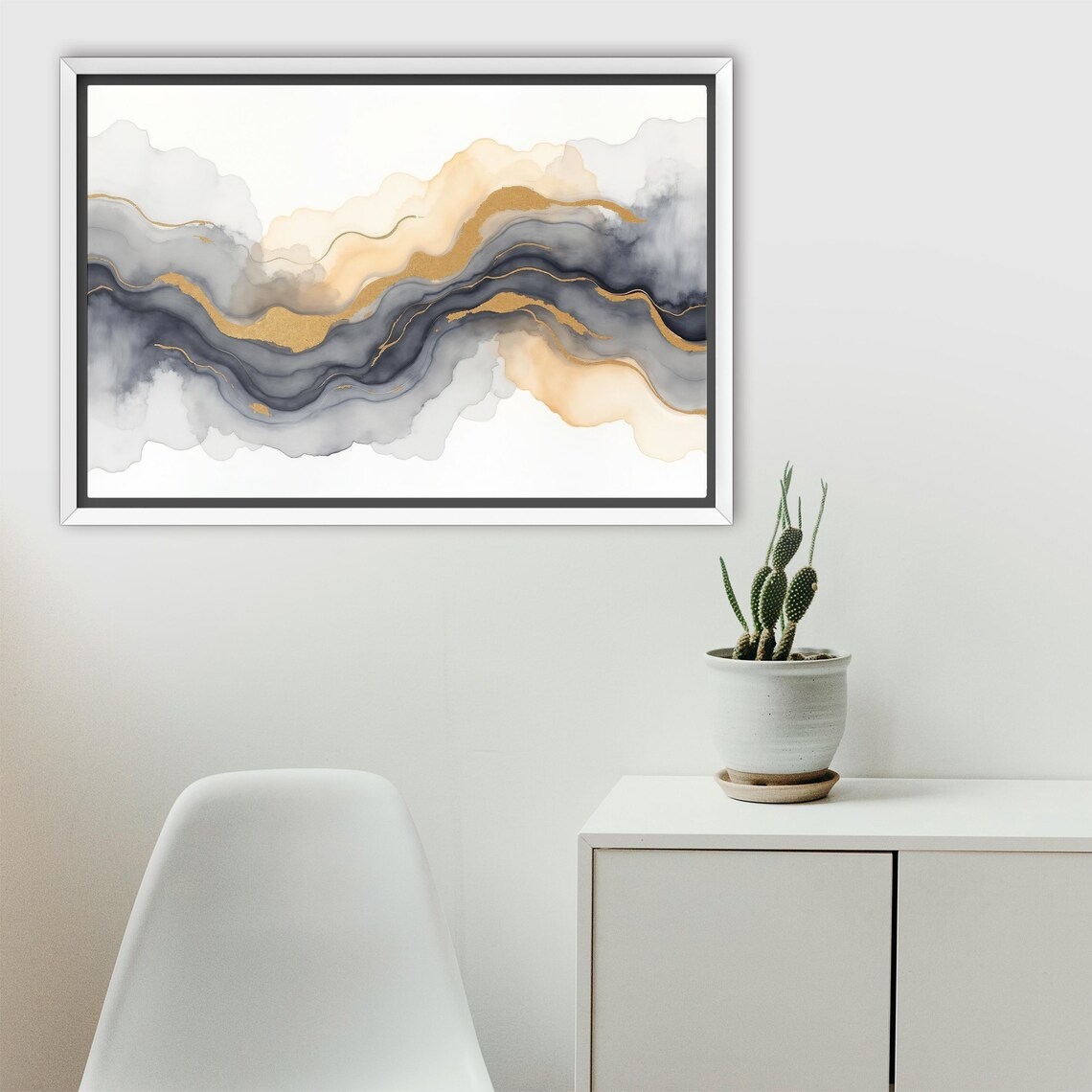 Gold Glitter Ribbon Through Dark Indigo Ink Waves Abstract Art Poster - Image 2