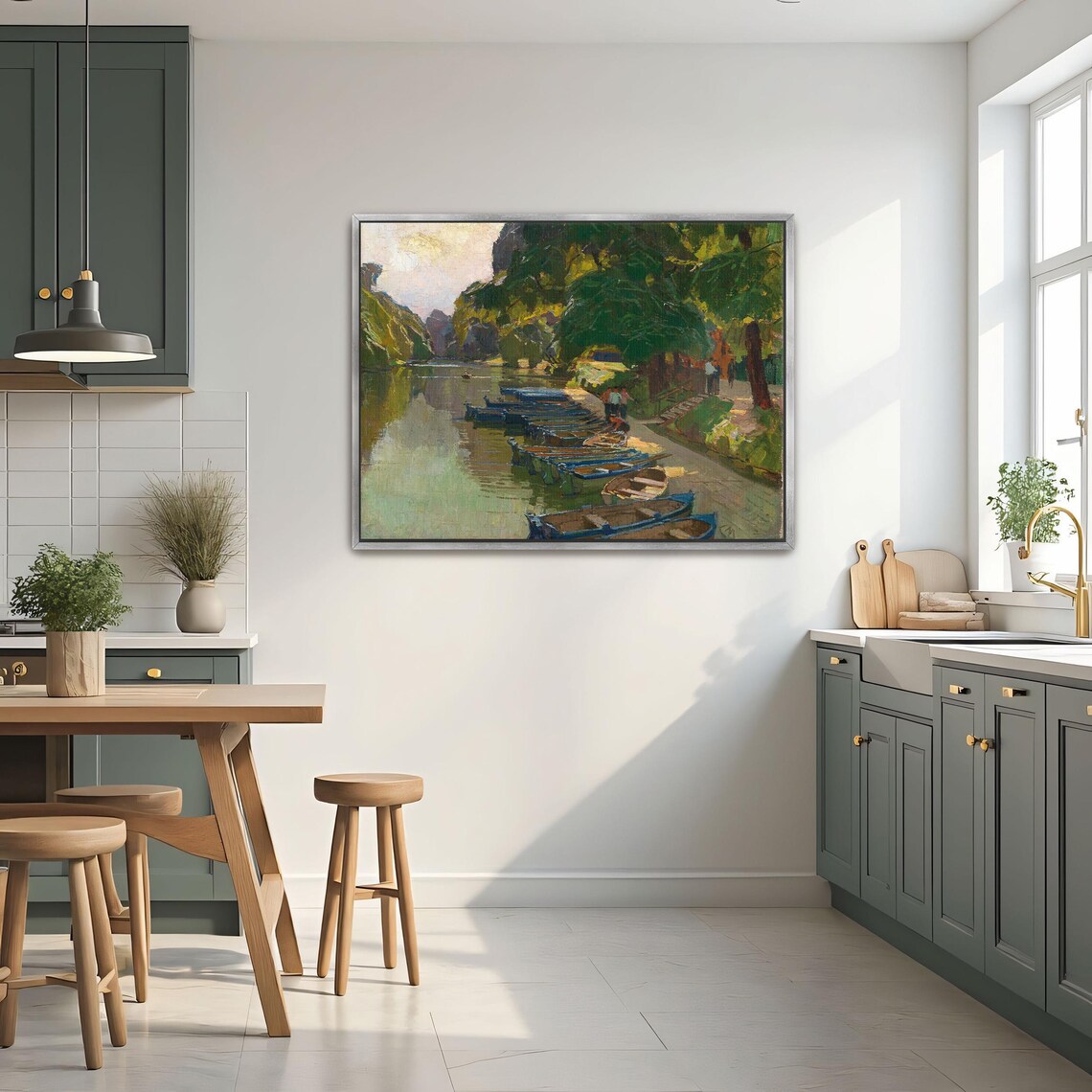 Framed Wall Art Of River Scene With Boats And Trees Landscape Wall Art Green And Blue Bedroom Artwork Art Nouveau Oil Painting - Image 3